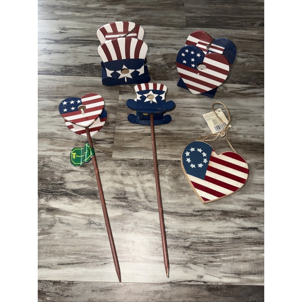 Lot Of 5 Patriotic Flag Birdhouses Wood & Decorative Plaque Independence Day 4th